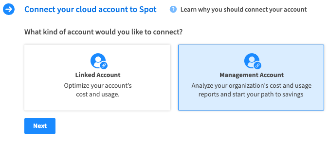 AWS management account setup screen showing fields for account name, account ID, and role ARN with instructions for connecting a management account to Spot. The interface uses a clean, modern design with a sidebar menu on the left and a main content area displaying the setup form. The environment is professional and focused on guiding users through the connection process.